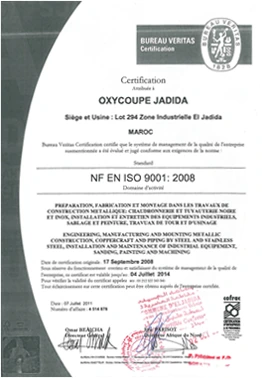 Certificat NF EN ISO 9001 délivré par Bureau Veritas à Oxycoupe El Jadida
