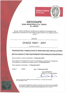 Certificat OHSAS 18001 délivré par Bureau Veritas à Oxycoupe El Jadida